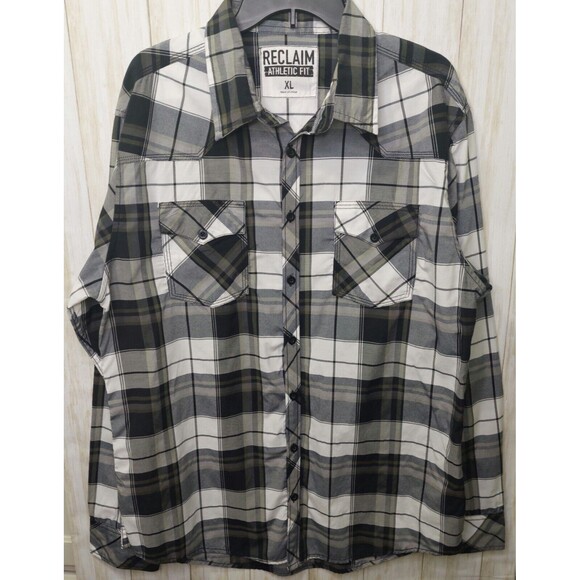 Reclaim Other - Reclaim Athletic Fit Men's Shirt Button Up~ Long Sleeve~Gray Plaid~Size XL